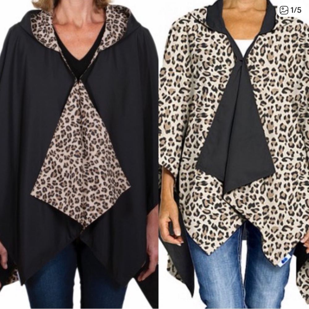 NWT Rainraps Hooded Black & Leopard Rainrap Pashmina for the Elents Reversible